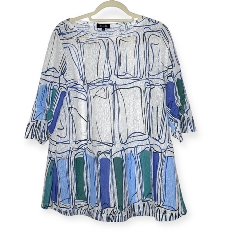 Damee Women's Pen Art Abstract Tunic Top
Gray Blue Eclectic S